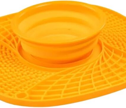 Silicone Snuffle Mat with Water Bowl, Licking Mat for Dogs and Cats, 3 in 1 Slow Feeder Mat with Strong Suction, Durable Machine Washable Dog Slow Feed Food Bowl for Fast Eating (Orange)