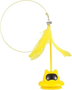 Cat Wand Toys with Holding Suction Base Stimulating Exercise Toy With Bell | Hands- Natural Realistic Bird Feathers Bells Wand Toys for Small Large Cats (Yellow)