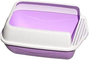 Open Top Kitty Litter Pan Tall Supplies Detachable Large Semi Enclosed Stain Resistant Heighten Cat Toilet (White-Purple)