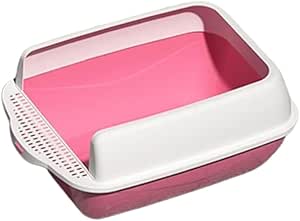 Open Top Kitty Litter Pan Tall Supplies Detachable Large Semi Enclosed Stain Resistant Heighten Cat Toilet (White-Pink)