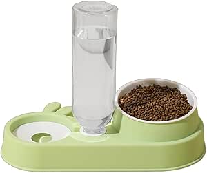 Automatic Cats Food Bowl 2 in 1 Pet Food Feeders with Automatic Water Bottle Bowl Double Bowl (Green)