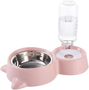 Pet Food and Water Feeder Bowls with Automatic Water Bottle with Stainless Bowl (Pink)
