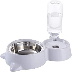 Pet Food and Water Feeder Bowls with Automatic Water Bottle with Stainless Bowl (Gray)