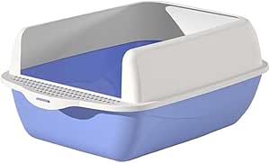 Open Top Kitty Litter Pan Tall Supplies Detachable Large Semi Enclosed Stain Resistant Heighten Cat Toilet (White-Blue)