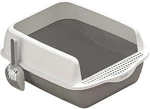 Open Top Kitty Litter Pan Tall Supplies Detachable Large Semi Enclosed Stain Resistant Heighten Cat Toilet (White-Gray)