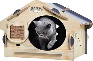 Wooden Cat House Easily Assembled Cat Hiding Place With Roof Kitty Cave with Scratch Board Cat Shelter for Indoor 60x40x40cm