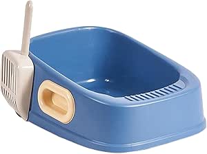 Cat Litter Tray with Litter Spoon Cat Cleaning Bath Basin Deep Toilet for Kittens (Blue)