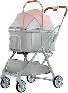 Four Wheeled Pet Stroller Dog Carrier with Storage Basket Dog Stroller Luxury 4 Wheels Pet for Dog Pink Color