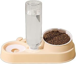Automatic Cats Food Bowl 2 in 1 Pet Food Feeders with Automatic Water Bottle Bowl Double Bowl (Beige)