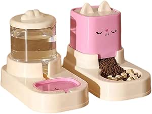 2pcs Cartoon Design Pet Water Feeder Dispenser 1800ml Water Dispenser + 2200ml Feeder Automatic Cat Feeding Station Automatic Cat Feeder and Water Dispenser for Indoor Cats (Pink)