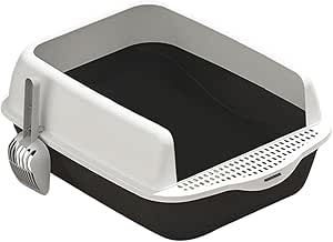Open Top Kitty Litter Pan Tall Supplies Detachable Large Semi Enclosed Stain Resistant Heighten Cat Toilet (White-Black)