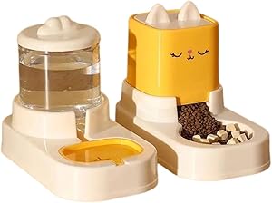 2pcs Cartoon Design Pet Water Feeder Dispenser 1800ml Water Dispenser + 2200ml Feeder Automatic Cat Feeding Station Automatic Cat Feeder and Water Dispenser for Indoor Cats (Yellow)