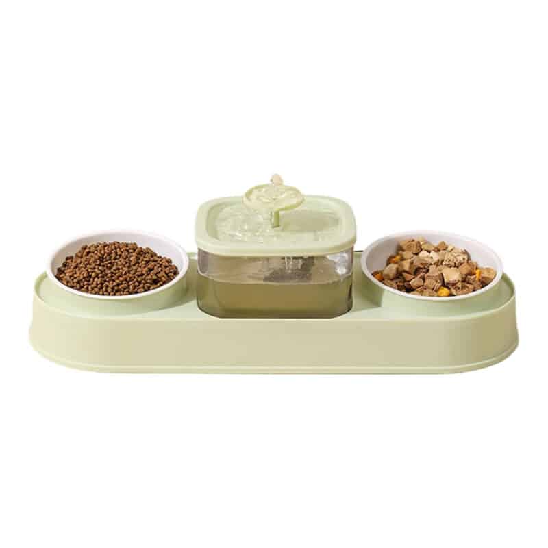 TaraPet Double Bowl Elevating Pet Food Container With Automatic Water Fountain Feeder (Green)