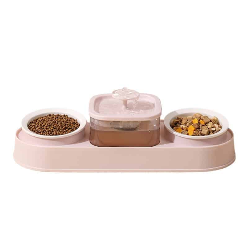 TaraPet Double Bowl Elevating Pet Food Container With Automatic Water Fountain Feeder (Pink)