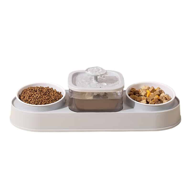 TaraPet Double Bowl Elevating Pet Food Container With Automatic Water Fountain Feeder (Gray)