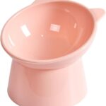 TaraPet Two-eared elevated cat bowl, tilted anti vomiting pet feeder with diagonal neck protection, non slip plastic dog and cat food/water bowl (Pink)