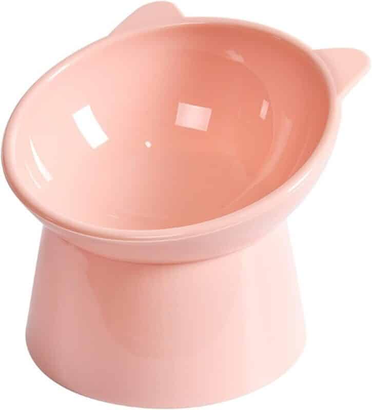 TaraPet Two-eared elevated cat bowl, tilted anti vomiting pet feeder with diagonal neck protection, non slip plastic dog and cat food/water bowl (Pink)
