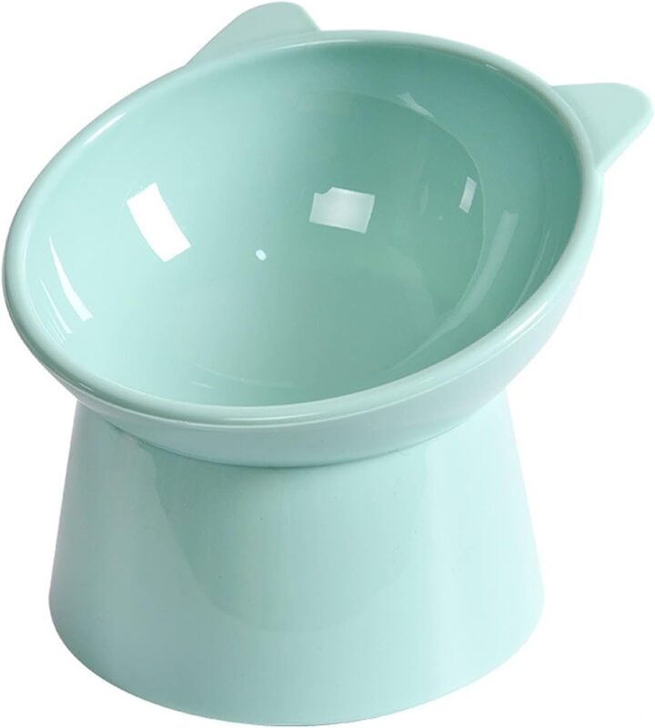 TaraPet Two-eared elevated cat bowl, tilted anti vomiting pet feeder with diagonal neck protection, non slip plastic dog and cat food/water bowl (Turquoise)