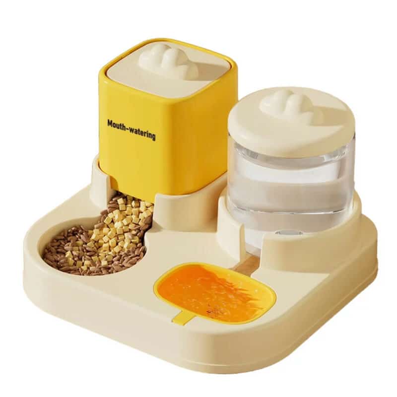TaraPet Cat Feeder and Water Dispenser, 2 in 1 Automatic Pet Waterer and Food Bowl, Pet Food Storage, Dry Food Bowl and Watering Supplies Dispenser for Indoor Small Medium Cats (Yellow)