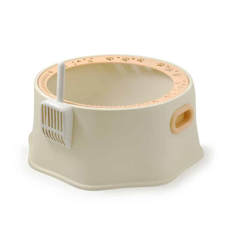 TaraPet Large Round Cat Litter Box with High Rim, Paw Prints, and Side Handles ? Durable PP Material with Cleaning Scoop ? 49 cm Diameter, 24 cm Height (Beige)