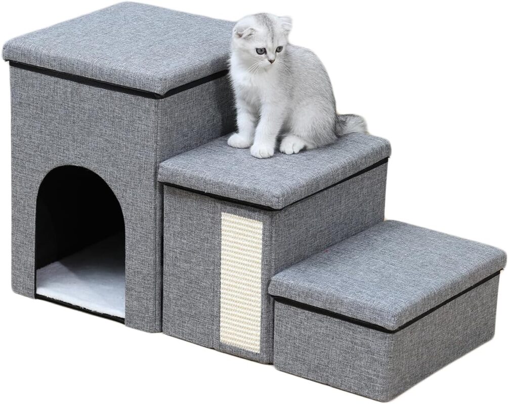 TaraPet 3-Step Foldable Storage Indoor Cat Steps,Pet Steps for High Bed Sofa,Non-Slip Cat Stairs Steps with Storage, Condo & Scratcher for Cats