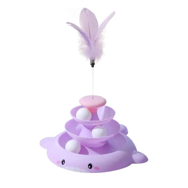 TaraPet Cat Ball Track Tower 3 Layers Turntable Cat Track Toy with Moving Balls Feathers Interactive Cat Toys for Indoor Cats, Kitty Toys Roller for Run Exercise (Purple)