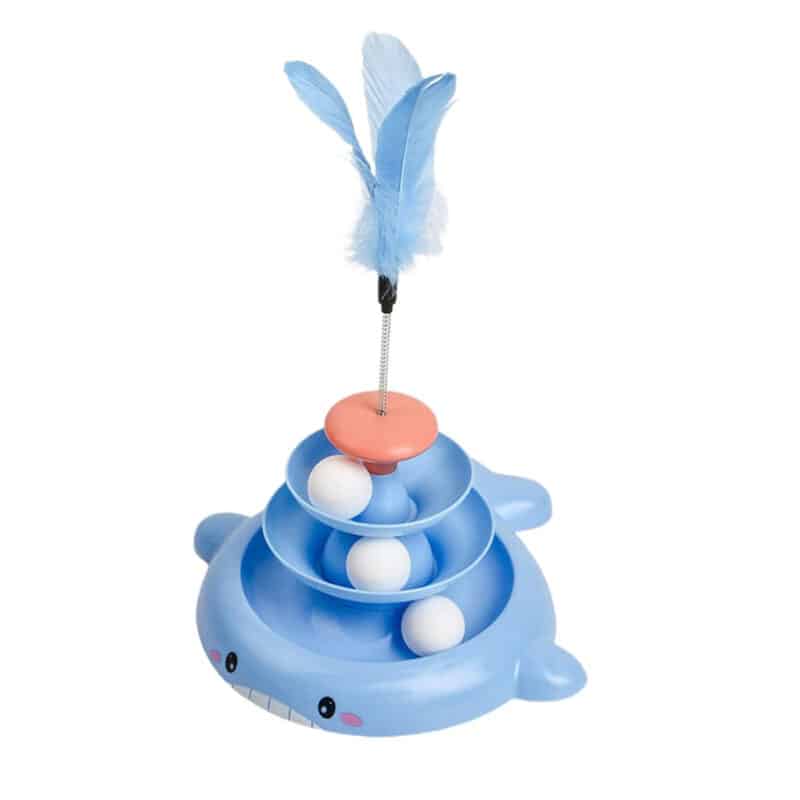TaraPet Cat Ball Track Tower 3 Layers Turntable Cat Track Toy with Moving Balls Feathers Interactive Cat Toys for Indoor Cats, Kitty Toys Roller for Run Exercise (Blue)