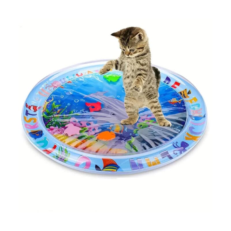 TaraPet Interactive Cat Water Sensory Play Mat, Round Animal Print Plastic Toy for Indoor Cat Engagement, Cooling Summer Cat Activity Pad, Non-Electric, No Battery Required