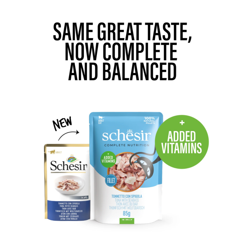 Schesir Complete & Balanced Nutrition Wet Cat Food in Jelly Pouch- Tuna With Seabass 85g