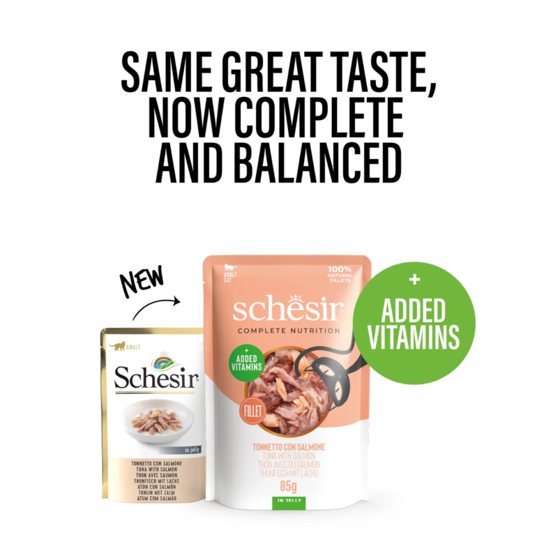 Schesir Complete & Balanced Nutrition Wet Cat Food in Jelly Pouch- Tuna With Salmon 85g